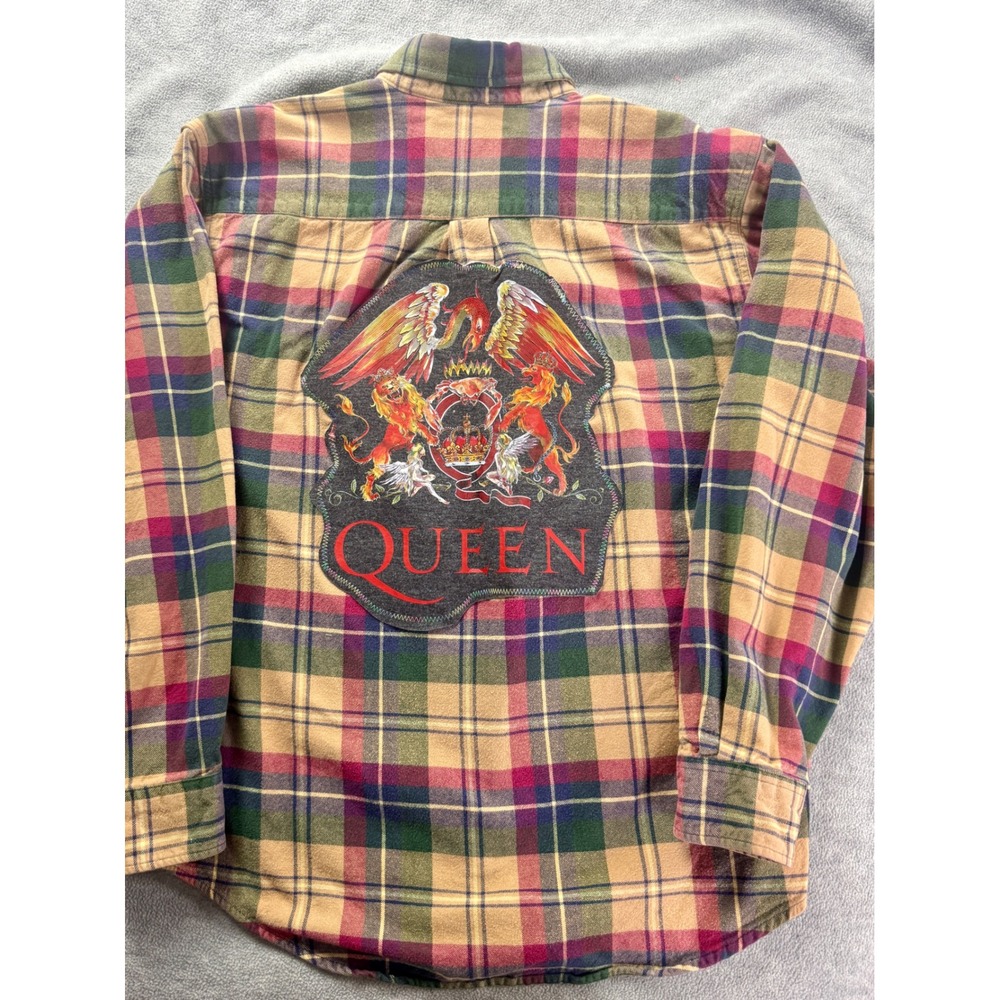 Queen Band Crest Custom Upcycled Plaid Flannel Shirt Multicolor Rock Grunge L